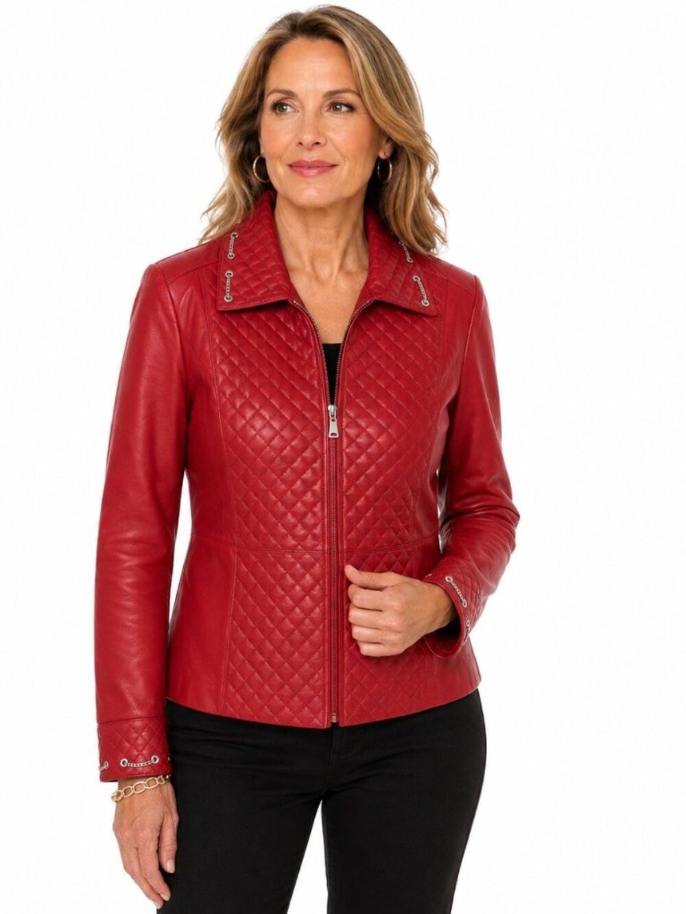 Pamela McCoy 100% Leather Quilted Red Full Zip Moto Jacket Chain Detail Sz M